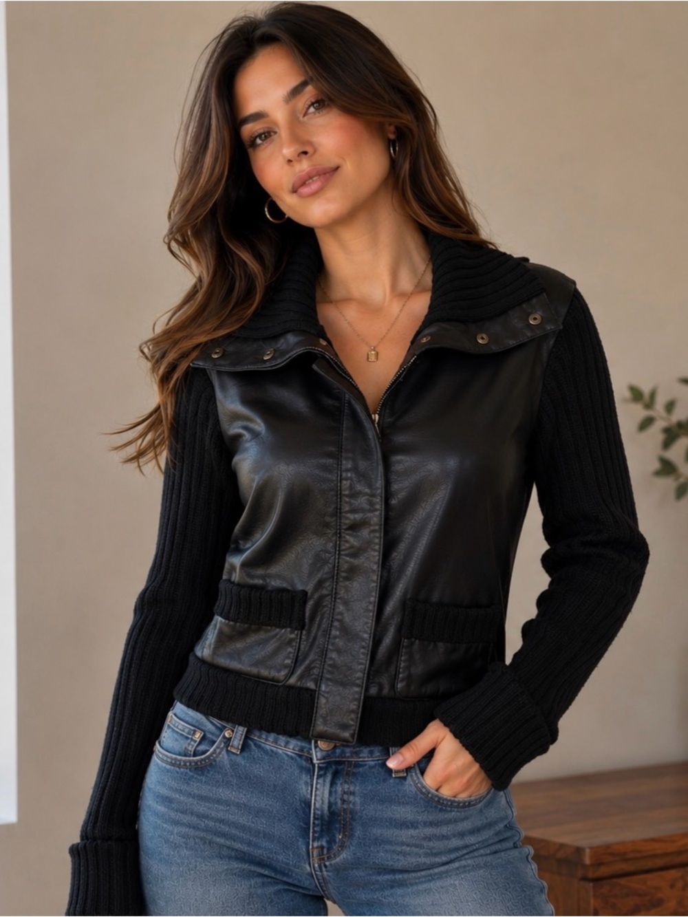 BCBGMaxAzria Black Leather and Knit Jacket